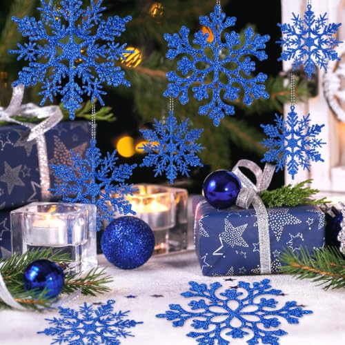 36pcs Christmas Navy Blue Snowflake Ornaments Plastic Glitter Snow Flakes Ornaments for Winter Christmas Tree Decorations Size Varies Craft Snowflakes (36 Count)