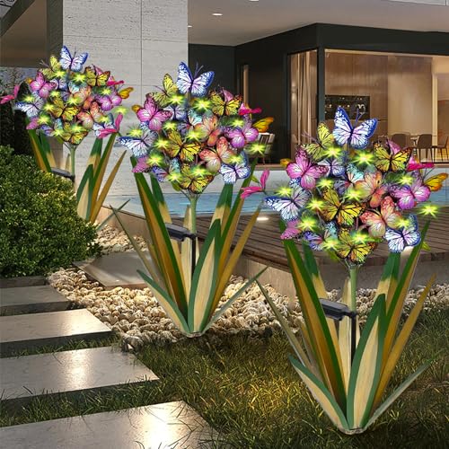 Solar Metal Agave Butterfly Flower Stick Garden Sculpture Outdoor Gift Solar Garden Christmas Lights Swaying Butterfly Sunflower Garden Lights Solar Outdoor Statues (3 Count)