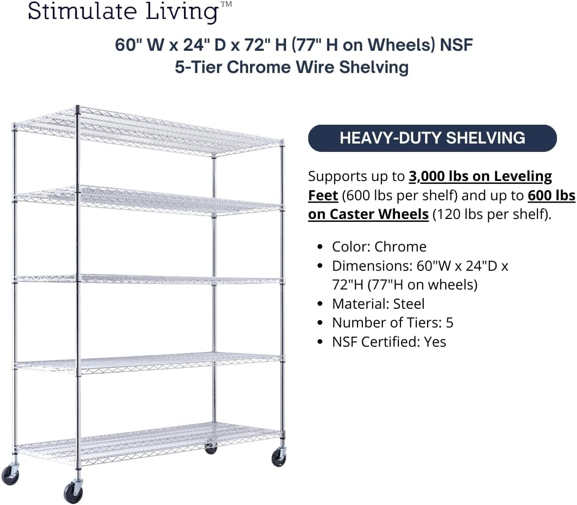 60"x24"x72" PRIME HEAVY DUTY Chrome 5-Tier Wire Shelving NSF 3000 LBS MAX Capacity Storage Rack for Commercial, School, Home, Garage, Warehouse, Industrial, and Hospital Uses (with Wheels) - NestledHome