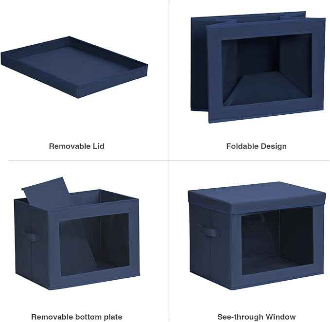 Stackable Storage Bins with Lids - Large Decorative Basket with Lids, Fabric Foldable Closet Organizer Bins, Shelf Organizer for Living Room, Dorm, 5 Pack, Navy Blue