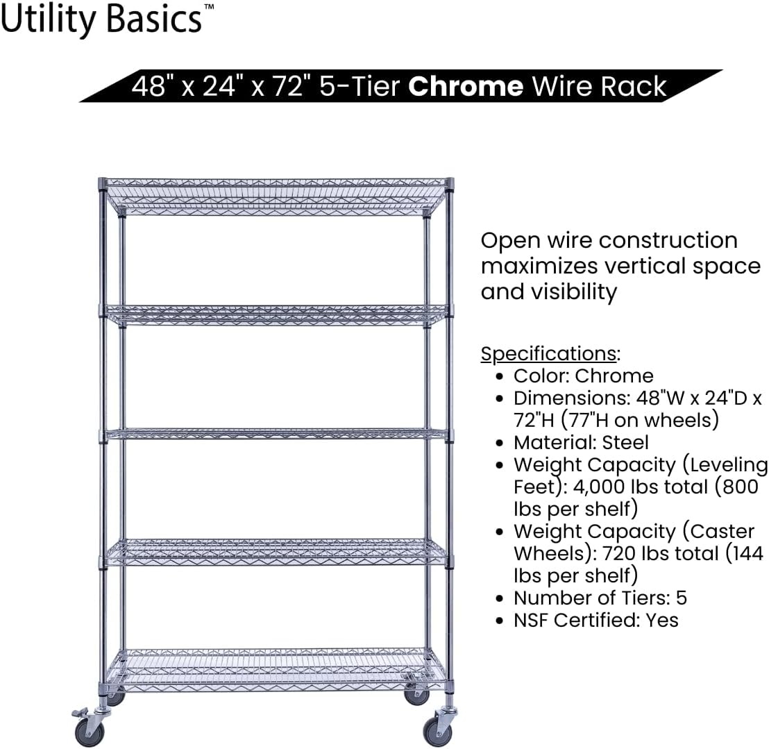 48"x24"x72" Chrome 5-Tier PREMIUM Wire Shelving NSF 4000 LBS MAX CAPACITY Heavy Duty Steel Storage Rack for Warehouses, Garages, Hospitals, Commercial Spaces, & Schools w/PREMIUM WHEELS - NestledHome