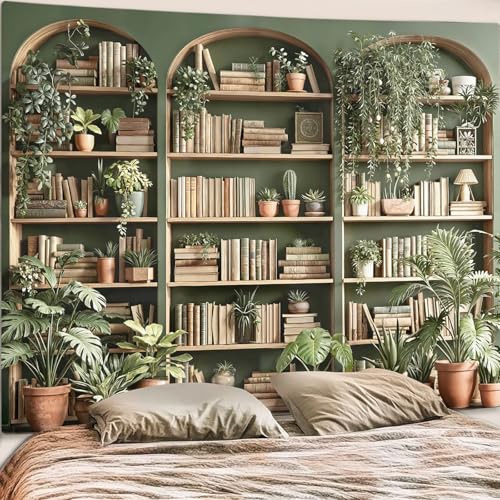 Sage Green Plant Bookshelf Tapestry Botanical Bookshelf Tapestries Wall Hanging Vintage Potted Plants Library Backdrop Large Tapestry for Bedroom Living Room Dorm 80 x 60 inch