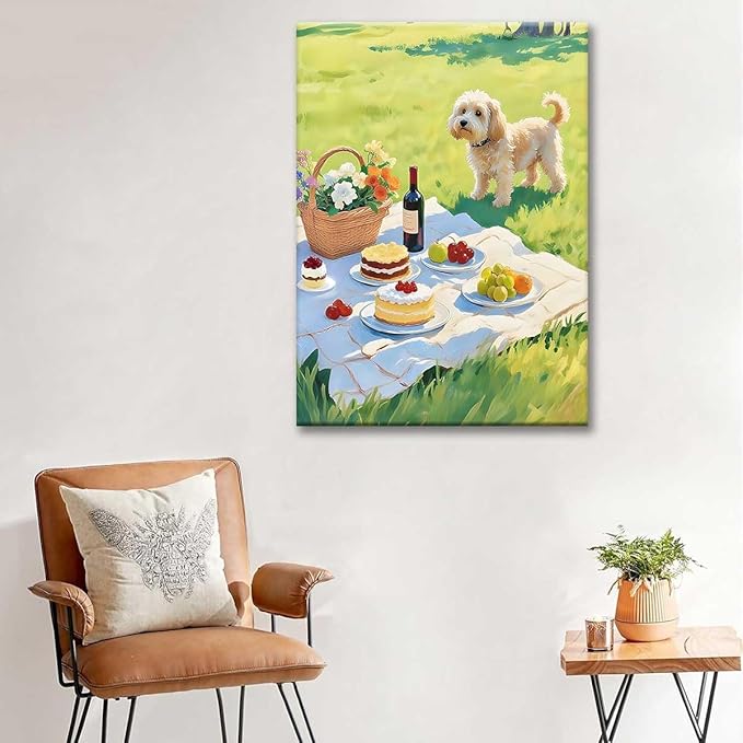 Paint by Numbers Kit for Adults Framed, Summer Picnic with Dog and Desserts, DIY Oil Painting, Pre-Printed Canvas Wall Art Home Decor Gift, 20x24inch Framed, 24 Colors