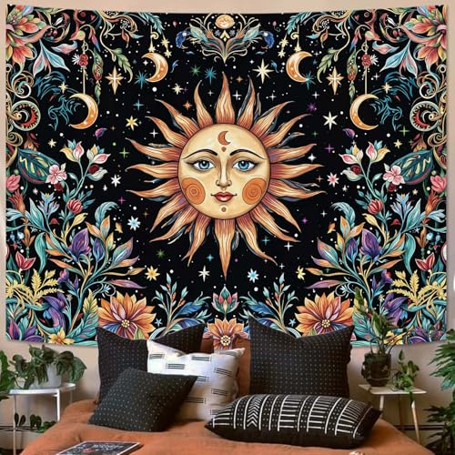 Sun and Moon Tapestry Hippie Boho Floral Wall Tapestry for Bedroom Aesthetic Colorful Flowers Vintage Celestial Botanical Plant Large Tapestries Wall Hanging for Living Room Dorm 80 x 60 Inch