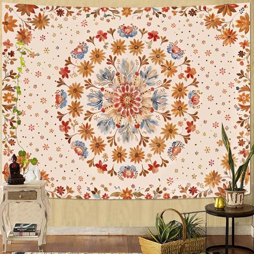 Boho Floral Mandala Tapestry Wall Hanging Watercolor Bohemian Flower Medallion Tapestry Aesthetic Beige Orange Hippie Indian Small Tapestries for Bedroom Living Room Dorm Decor 60 x 44 Inch