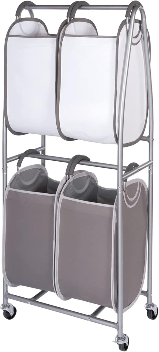 Neatfreak - 2 Tier Vertical Rolling Laundry Cart - Rolling Storage Cart On Wheels With 4 x Tote Hampers For Laundry, Towels, Blankets & Bathroom Organization - Quad Laundry Sorter - NestledHome