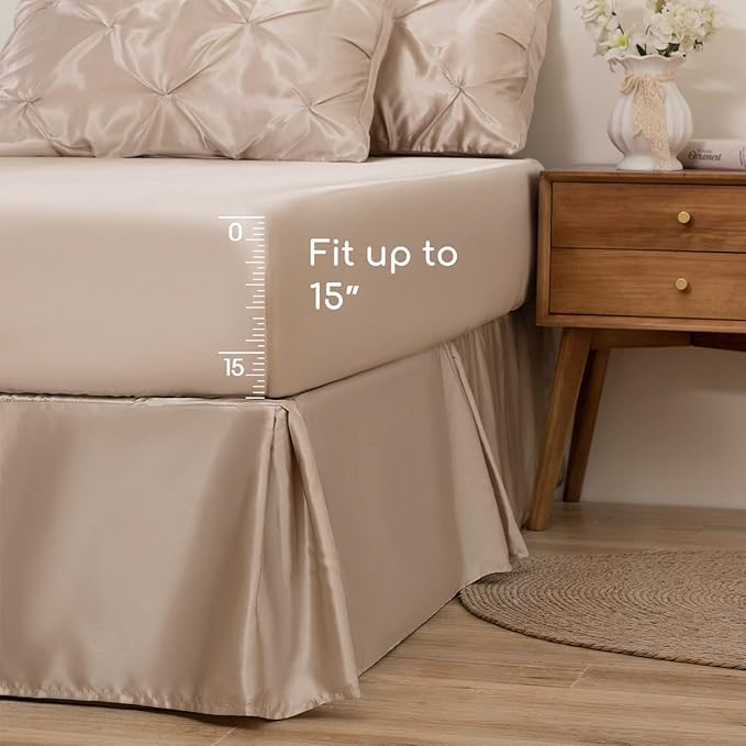 MR&HM Satin Comforter Full 7 Pieces - Luxurious Pinch Pleat Bedding Set with Comforter, Flat Sheet, Fitted Sheet, Pillowcases & Shams, Super Silky Soft Bed Set for All Season (Full, Champagne)