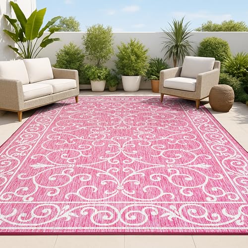 Vintage Filigree Indoor Outdoor Area Rug 8X10 Fuchsia