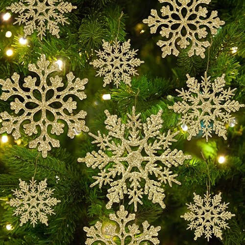 60pcs Christmas Gold Snowflake Ornaments Plastic Glitter Snow Flakes Ornaments for Winter Christmas Tree Decorations Size Varies Craft Snowflakes (60 Count)