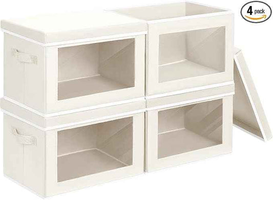 Storage Bins with Lids, 4 Pack Large Storage Cubes with Window, Closet Bins with Lids & Handles, Fabric Box for Organizing Clothes, Towels, Books, Beige