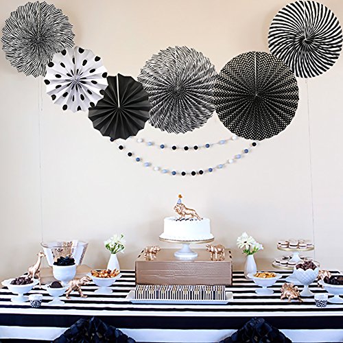 6 Pack Black Round Hanging Paper Fans Party Decorations