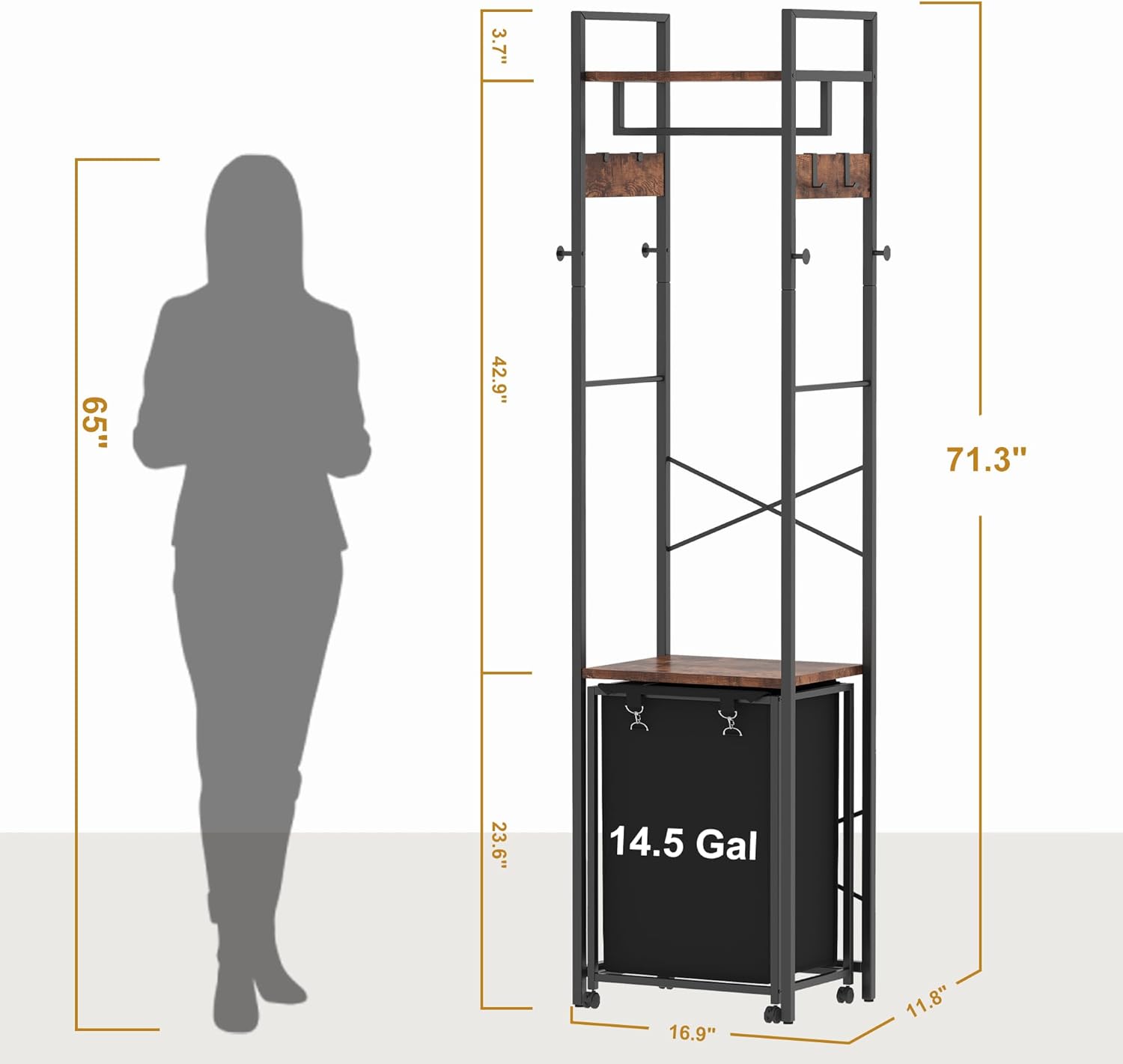 Coat Rack with Laundry Basket, Laundry Hamper Freestanding Hall Tree, Clothes Rack with Storage Shelves, 14.5 Gal Removable Bags on Wheels, Black and Brown JLH005SR - NestledHome