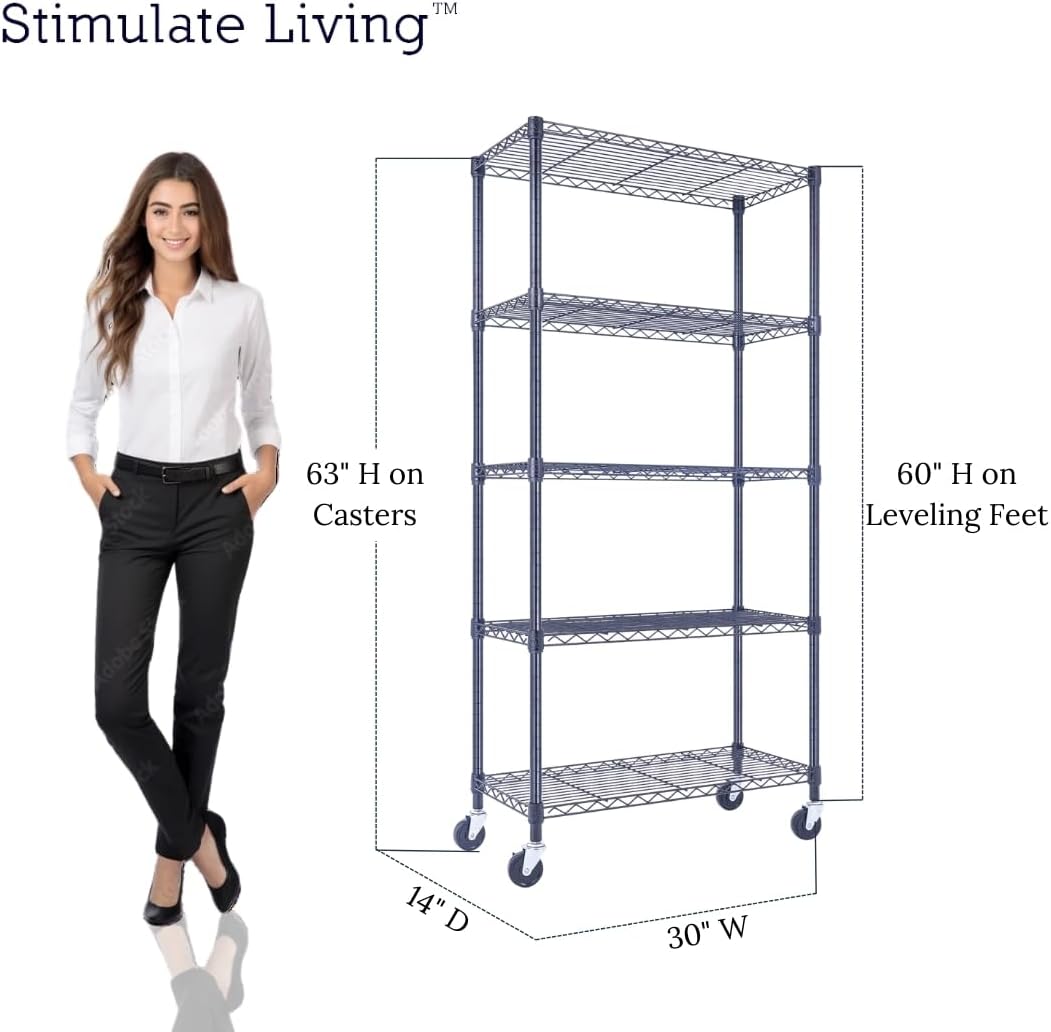 30"x14"x60" PRIME HEAVY DUTY Black 5-Tier Wire Shelving 1,750 LBS MAX Capacity Storage Rack for Commercial, School, Home, Garage, Warehouse, Industrial, and Hospital Uses (with Wheels) - NestledHome
