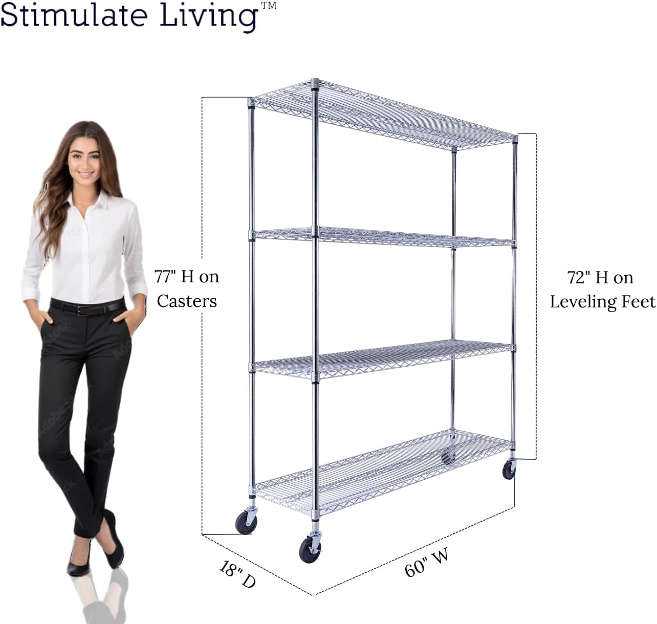 60"x18"x72" Prime Heavy Duty Chrome 4-Tier Wire Shelving NSF 3200 LBS MAX Capacity Storage Rack for Commercial, Hospital, School, Garage, and Kitchen Uses (with Wheels) - NestledHome