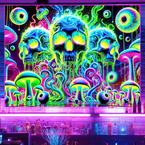 Blacklight Tapestry Skull Surreal Wall Art 78 x 59 Inch