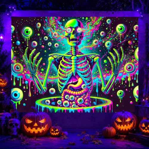 Blacklight Tapestry Skull Eyeball Wall Art 78 x 59 Inch