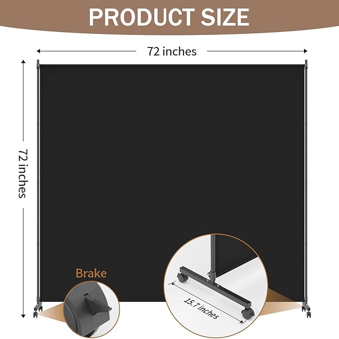 Single Panel Room Divider/Privacy Screen with Caster Wheels and Brakes - Stylish and Versatile Partition for Home,Office,School and Restauran (Black, 6FT*6FT)