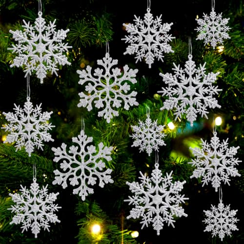 36pcs Christmas Silver Snowflake Ornaments Plastic Glitter Snow Flakes Ornaments for Winter Christmas Tree Decorations Size Varies Craft Snowflakes (36 Count)