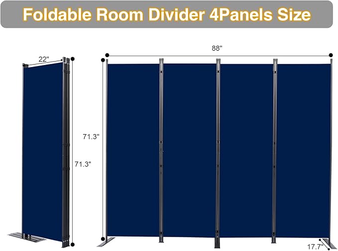 Room Divider, 4 Panel Folding Privacy Screens with Wider Support Feet, 6 Ft Portable Room Partition for Room Separator, 88" W X 71" H, Navy Blue