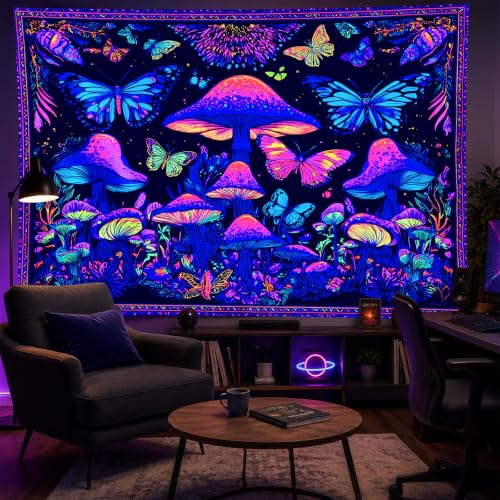 Blacklight Tapestry Butterfly Neon Decor 78 x 59 Inch