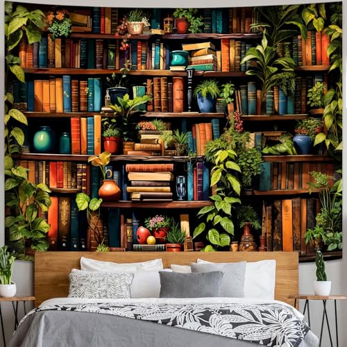 Botanical Bookshelf Tapestry Lush Green Plant Book Shelf Tapestries Wall Hanging Vintage Retro Potted Plants Academics Extra Large Library Tapestry for Bedroom Living Room Dorm 90 x 68 inch