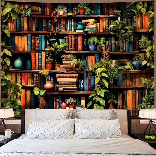 Botanical Bookshelf Tapestry Lush Green Plant Book Shelf Tapestries Wall Hanging Art Vintage Retro Potted Plants Academics Library Book Tapestry for Bedroom Living Room Dorm 80 x 60 inch