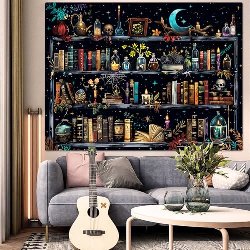 Magic Bookshelf Tapestry Magical Witchy Potion Dark Hippie Haloween Tapestries Wall Hanging Gothic Skull Black Cat Library Book Small Tapestry for Bedroom Living Room Dorm 60 x 44 inch