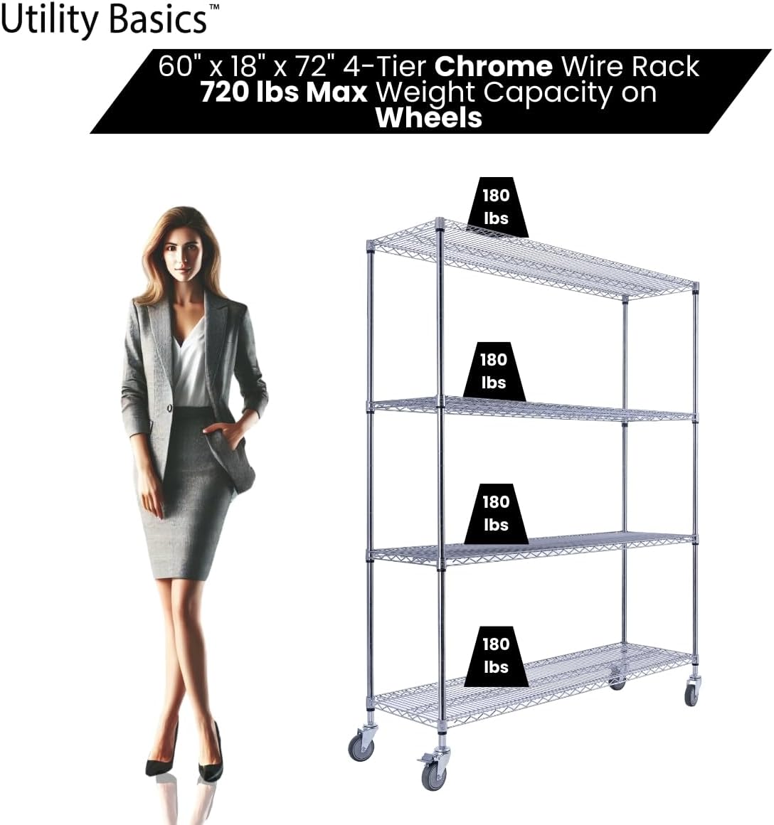 60"x18"x72" Chrome Premium Metal Steel Wire Shelving 4-Tier NSF 3200 LBS MAX Capacity Heavy Duty Storage Rack for Garages, Commercial Spaces, Hospitals, & Schools w/Premium Wheels - NestledHome