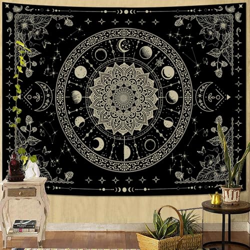 Mandala Moon Tapestry Boho Tapestry for Bedroom Black Tapestries Wall Hanging Living Room Wall Art and Home Decor 60x80
