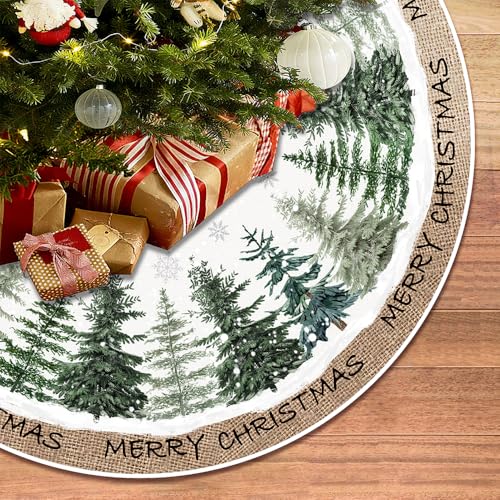 Christmas Tree Skirt 36 Inch Pine Trees Snowy Forest Christmas Tree Skirt for Farmhouse Vintage Rustic Merry Christmas Xmas Winter Holiday Party Decoration