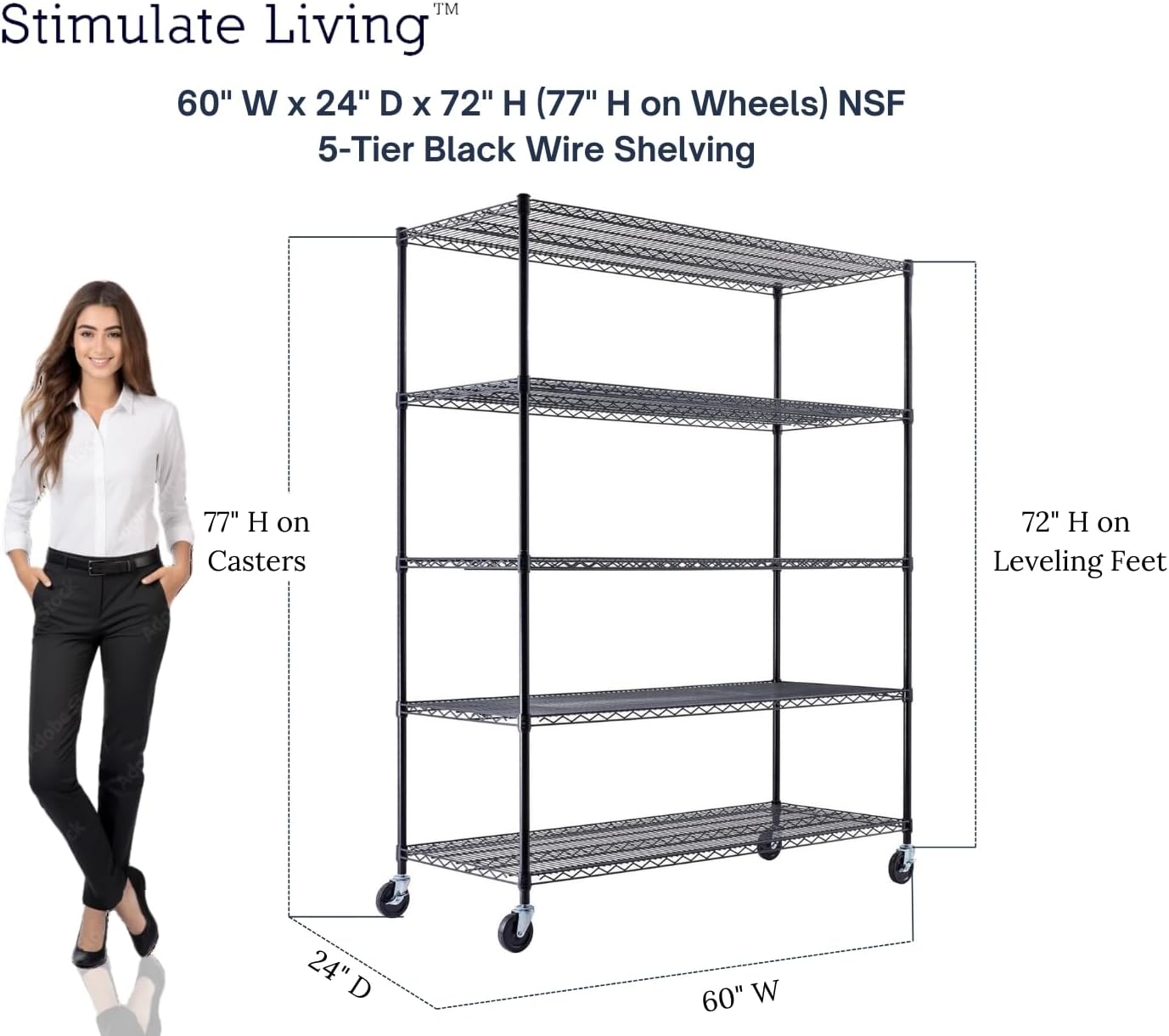 60"x24"x72" PRIME HEAVY DUTY Black 5-Tier Wire Shelving NSF 3000 LBS MAX Capacity Storage Rack for Commercial, School, Home, Garage, Warehouse, Industrial, and Hospital Uses (with Wheels) - NestledHome