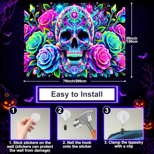 Blacklight Tapestry Floral Skull Room Decor 78 x 59 Inch