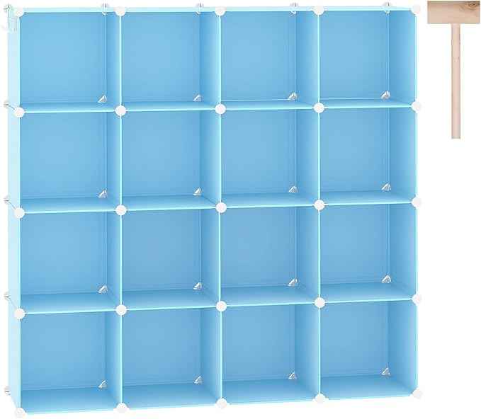 C&AHOME Cube Storage Organizer, 16-Cube Shelves Units, Plastic Storage Cubes, DIY Closet Organizer, Modular Closet Storage Shelves Ideal for Home, Bedroom, 48.4" L × 12.4" W × 48.4" H Blue UPCS16L