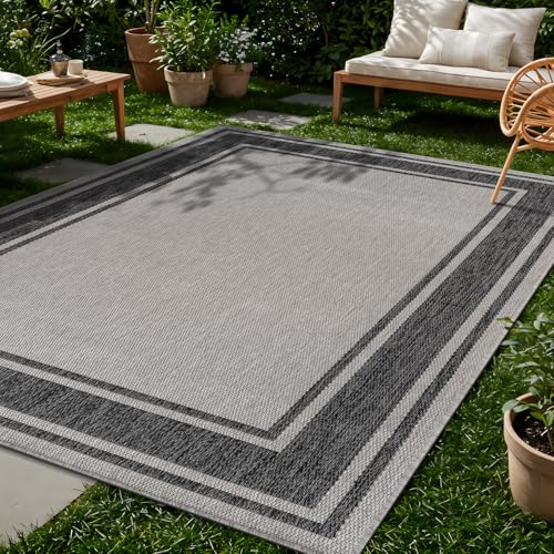 Outdoor Rug 6x9 Modern Bordered Area Rugs for Indoor and Outdoor Patio Deck Porch Garden Waterproof Weather Sun Resistant Washable Outside Carpet (54 Sq Ft)