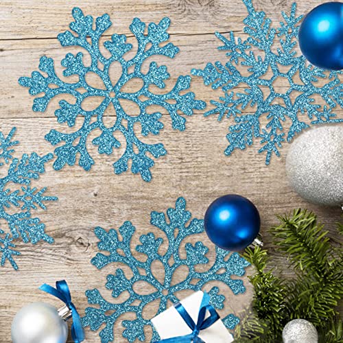6pcs Large Snowflakes Ornaments Blue 12” Big Plastic Glitter Snowflake for Winter Indoor Outdoor Christmas Tree Window Room Decorations Giant Craft Snowflakes (6 Count)
