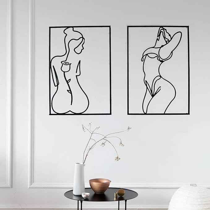 Glamativity 4 Pack Black Wall Art Décor, Minimalist Décor Single Line Art Wall Décor, Real Metal Wall Art, Woman's Body Shape Abstract Wall Art, for Kitchen Bedroom Living Room