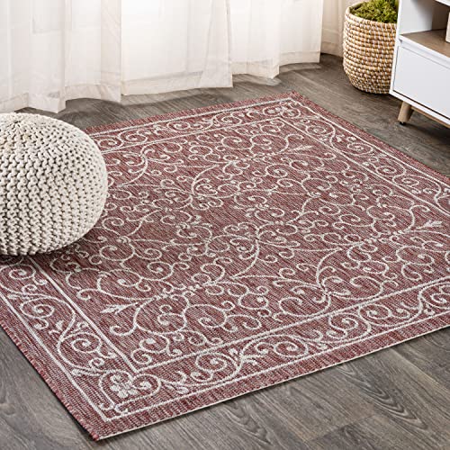Vintage Filigree Indoor Outdoor Square Area Rug 4X4 Red