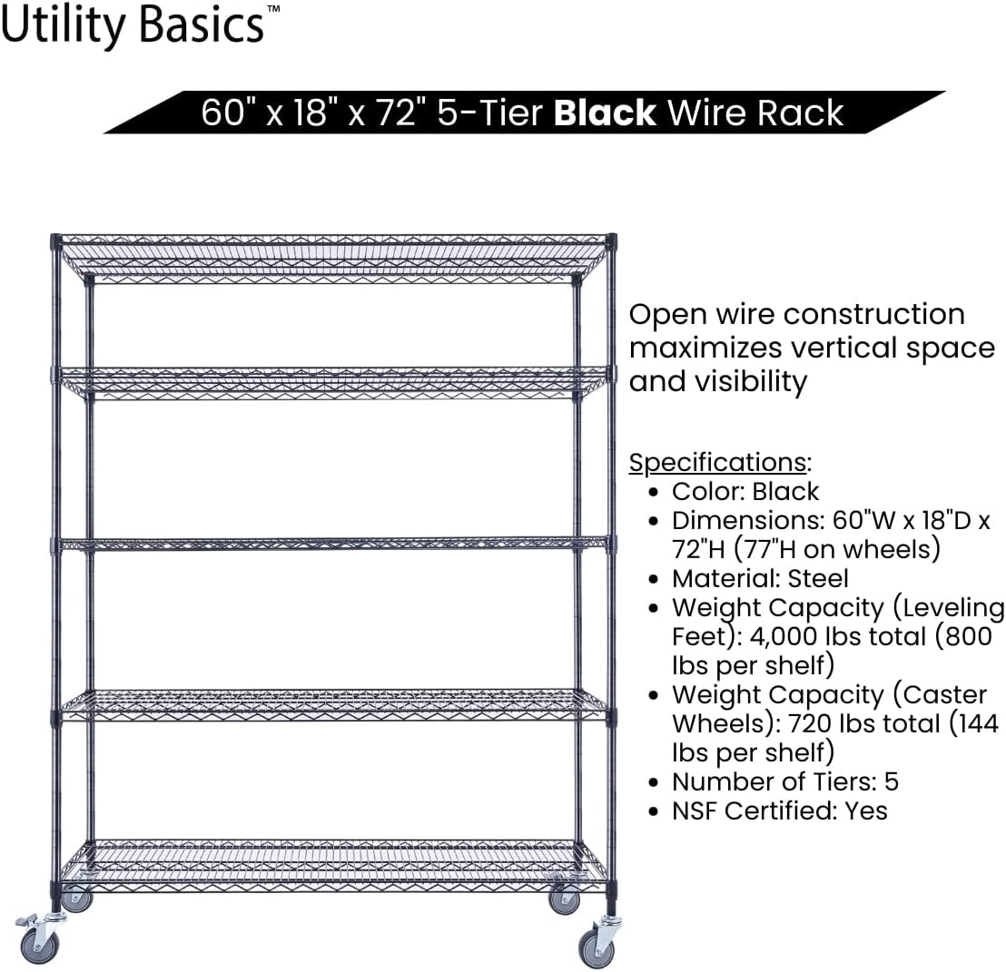 60"x18"x72" Black 5-Tier Premium Wire Shelving NSF 4000 LBS MAX Capacity Heavy Duty Steel Storage Rack for Warehouses, Garages, Hospitals, Commercial Spaces, & Schools w/Premium Wheels - NestledHome