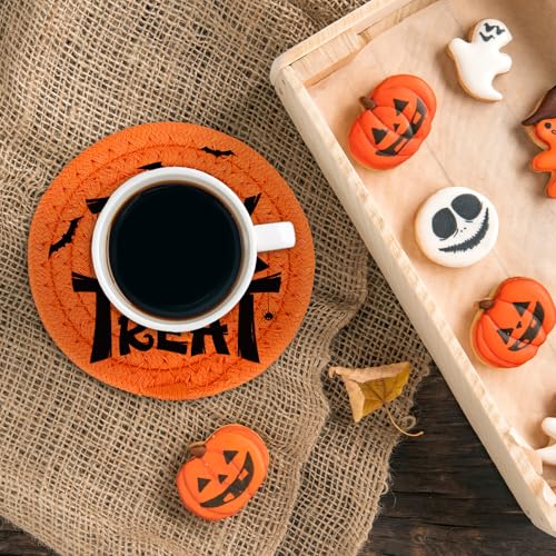 Happy Halloween Cotton Coasters Black Orange Pumpkin Face Handmade Braided Drink Coasters Trick or Treat Absorbent Cup Mats for Party Home Table Decor (4 Count)