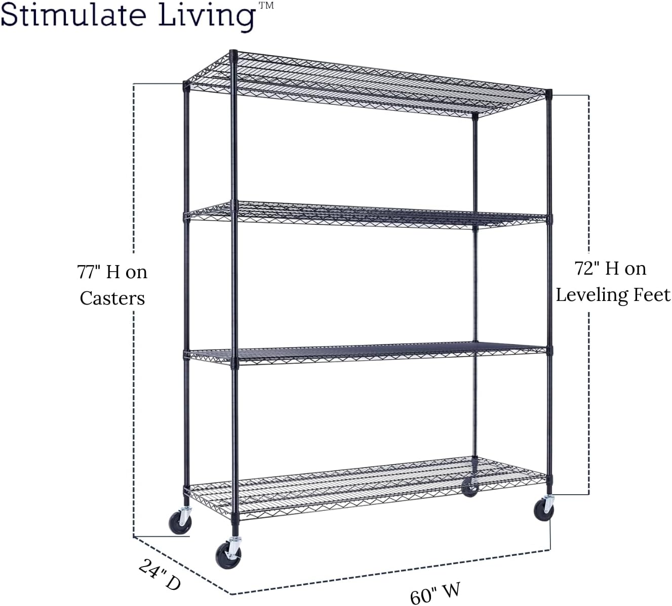 60"x24"x72" PRIME HEAVY DUTY Black 4-Tier Wire Shelving NSF 2400 LBS MAX Capacity Storage Rack for Commercial, School, Home, Garage, Warehouse, Industrial, and Hospital Uses (with Wheels) - NestledHome