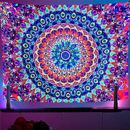 Blacklight Colorful Mandala Tapestry 79"x59" Kaleidoscopic Trippy Room Decor Black Light Poster Bohemian Wall Decor for Bedroom Backdrop Decor