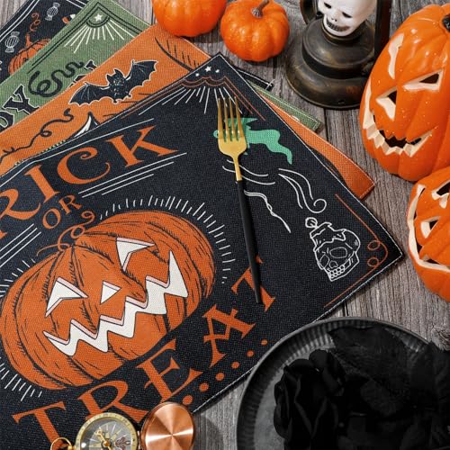 4Pcs Halloween Placemats Pumpkin Bat Black Cat Skeleton Table Mat Vintage Decorative Place Mats for Party Table Setting Decor (4 Count)