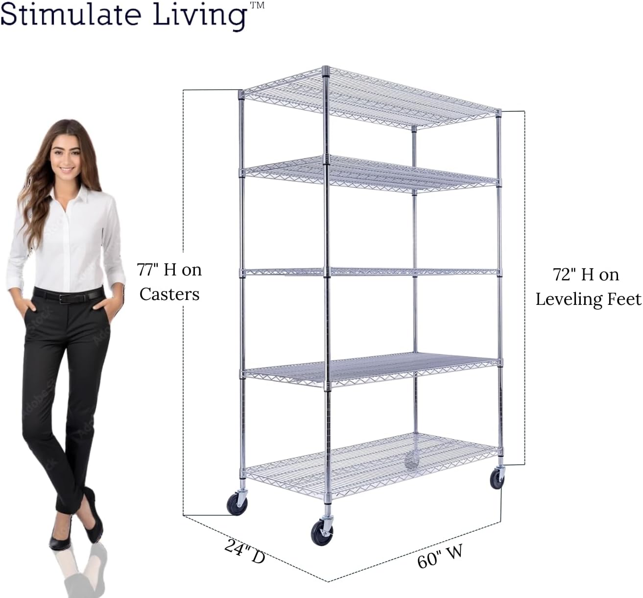48"x24"x72" Prime Heavy Duty Chrome 5-Tier Steel Wire Shelving NSF 4000 LBS MAX Capacity Storage Rack for Commercial, School, Home, Garage, Warehouse, Industrial, and Hospital Uses (with Wheels) - NestledHome