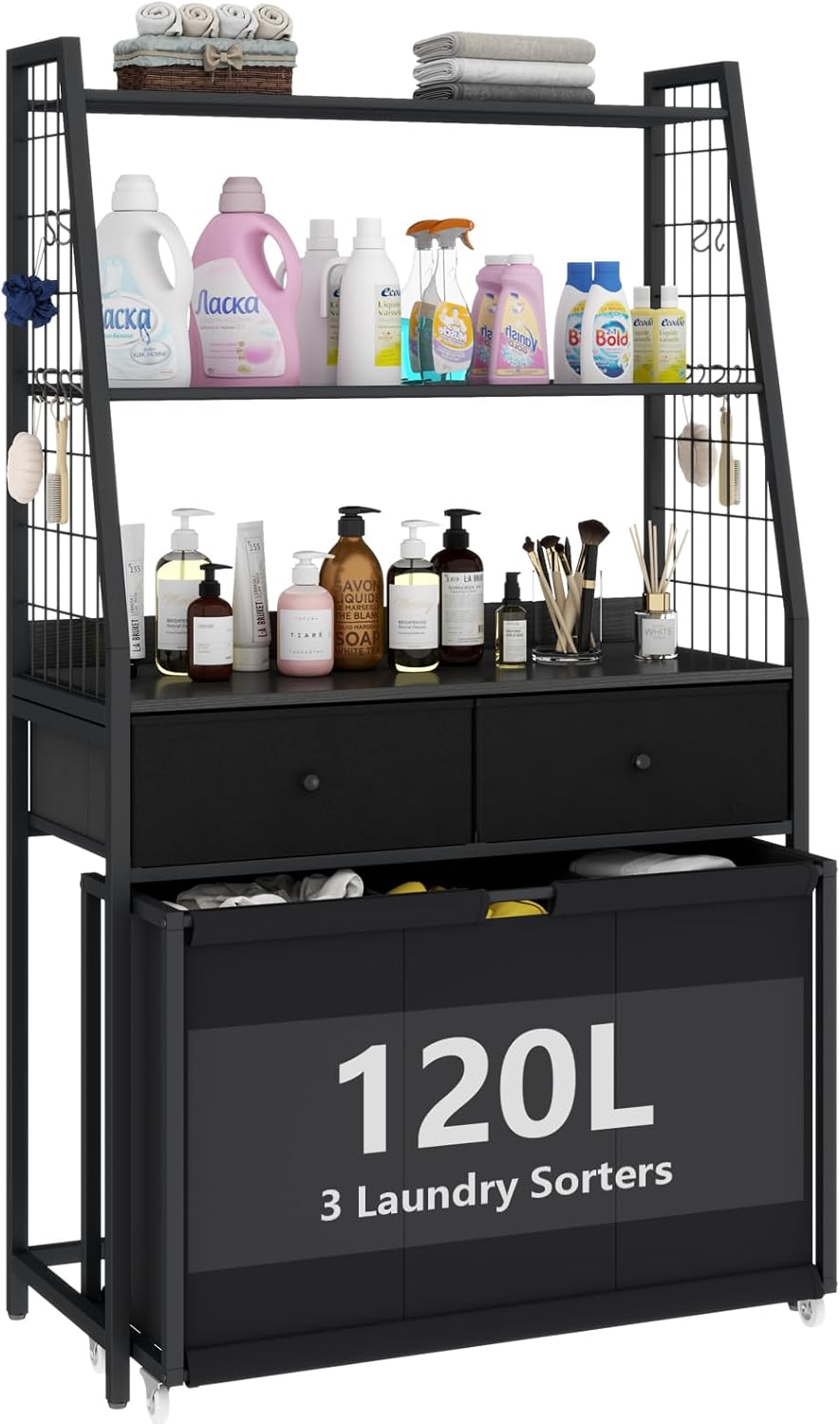 Laundry Hamper Laundry Basket with 3 Section Pull-Out Rolling Bags & 2-Tier Storage Shelf, Laundry Sorter for Organization and Storage with 2 Drawers for Laundry Room, Bathroom - NestledHome