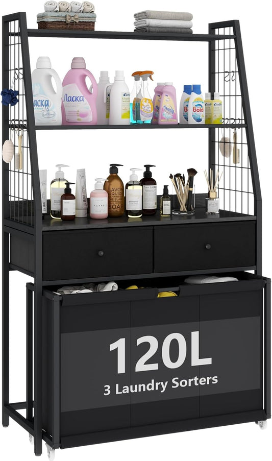 Laundry Hamper Laundry Basket with 3 Section Pull-Out Rolling Bags & 2-Tier Storage Shelf, Laundry Sorter for Organization and Storage with 2 Drawers for Laundry Room, Bathroom - NestledHome