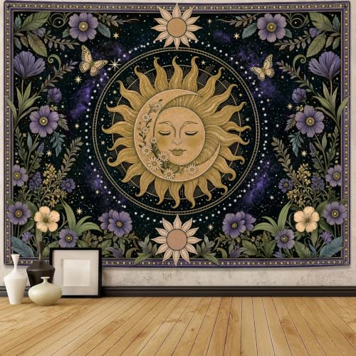 Boho Vintage Sun and Moon Hippie Purple Floral Tapestry 48 x 36 Inch