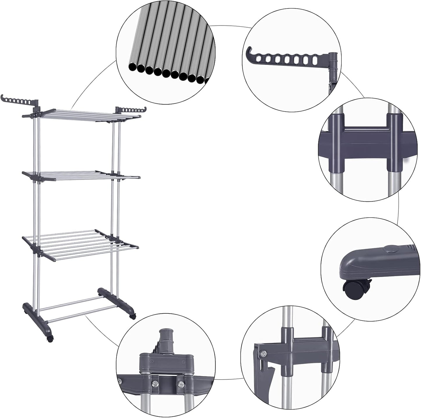 Bigzzia Clothes Drying Rack Folding Drying Rack Clothing 4 Tier Clothes Horses Rack Stainless Steel Laundry Drying Rack with Two Side Wings Grey - NestledHome