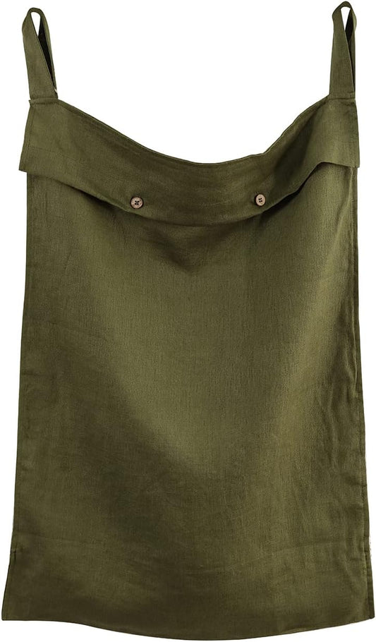 Linen Hanging Laundry Bag, 100% Linen Over The Door Laundry Hamper with Buttons and Zipper, Space Saving Door Hampers for Laundry Dirty Clothes Home Travel, Green - NestledHome