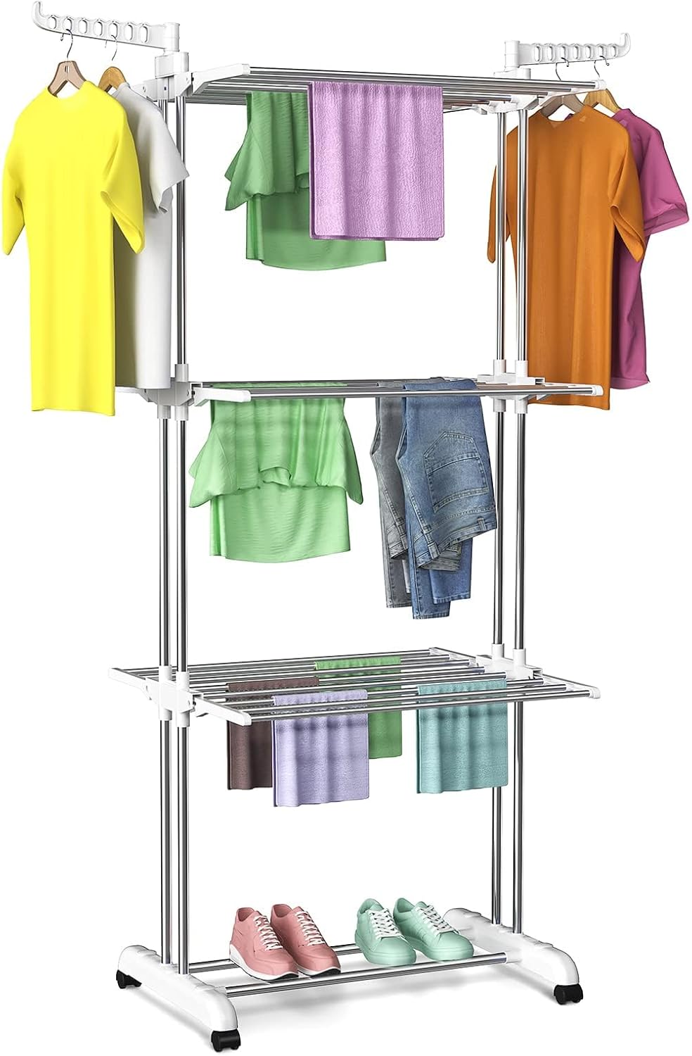 Bigzzia Clothes Drying Rack, Folding Stainless Steel Drying Rack Clothing Indoor Outdoor, Space-Saving, 4 Tier Laundry Drying Rack with Two Side Wings -Grey White - NestledHome