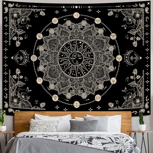 Sun and Moon Mandala Tapestry Boho Tapestry for Bedroom Black and White Tapestries Wall Hanging Living Room Wall Art and Home Decor 44x60